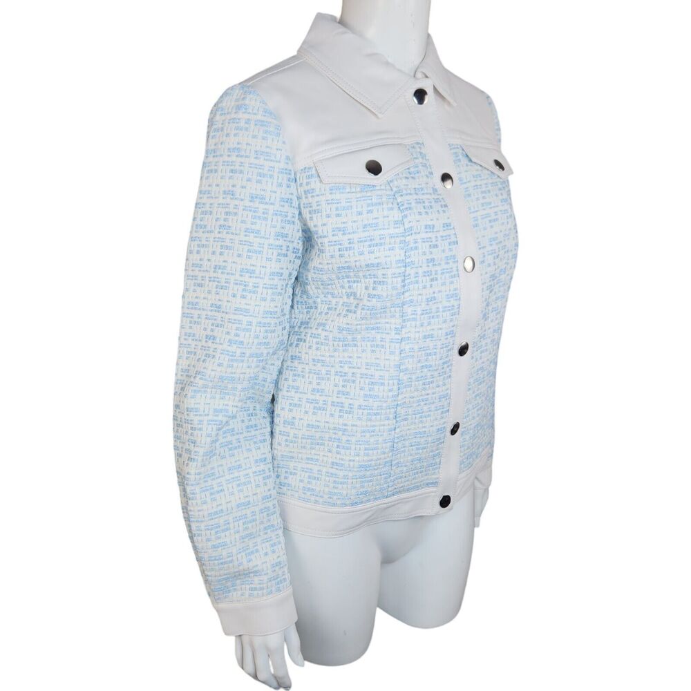 Dennis Basso Mixed Media Faux Leather and Tweed Jacket Light Blue Size 2‎ - Picture 12 of 16